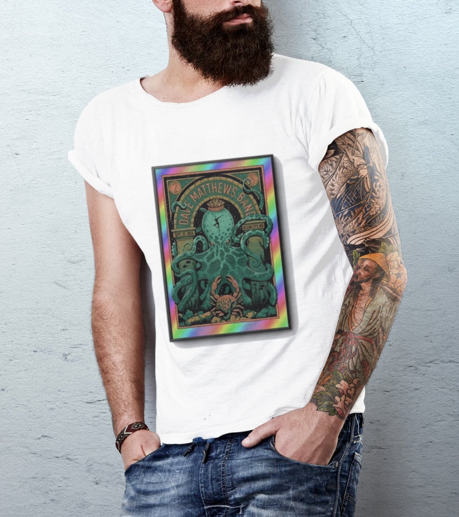 Dave Matthews Band Sept 25 2026 Ocean City MD Octopus And Crab Rainbow Border T-Shirt