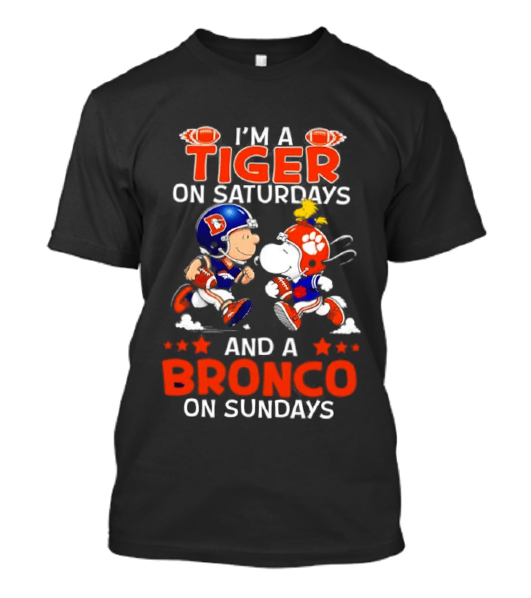 Snoopy And Charlie Brown I'm A Tiger On Saturdays And A Bronco On Sundays Football Fun T-Shirt