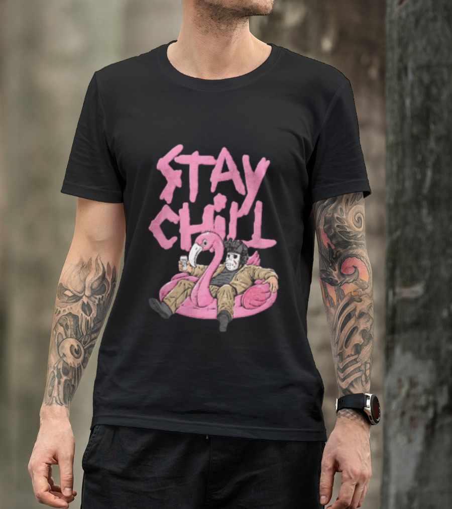 Stay Chill Jason Voorhees Energy Drink Pink Flamingo Float T-Shirt