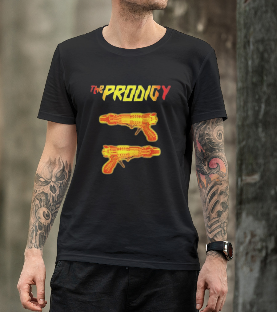 The Prodigy Rayguns Yellow And Red Bold Lettering With Dual Ray Guns T-Shirt