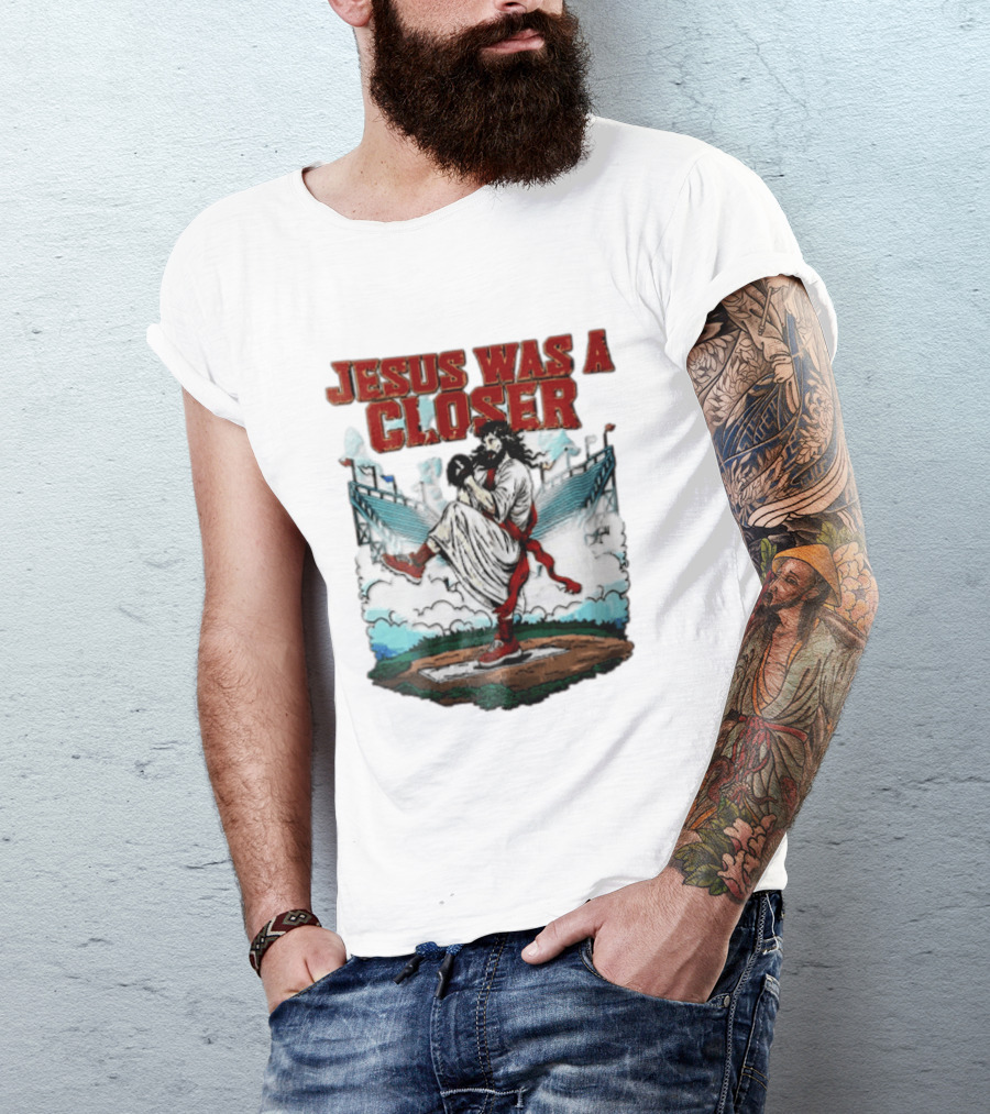 Jesus Was A Closer Baseball Pitcher Heavenly Stadium Scene T-Shirt