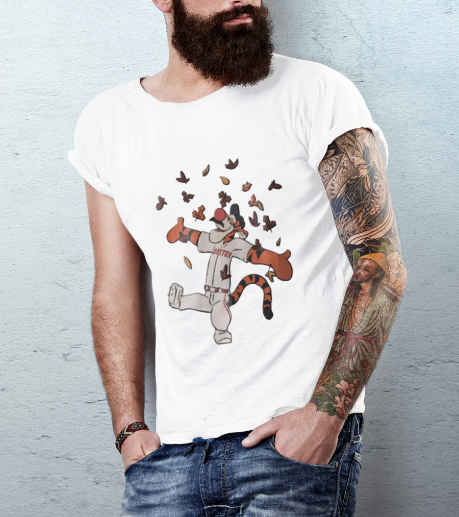 Tigger In Boston Baseball Uniform Enjoying Falling Leaves T-Shirt