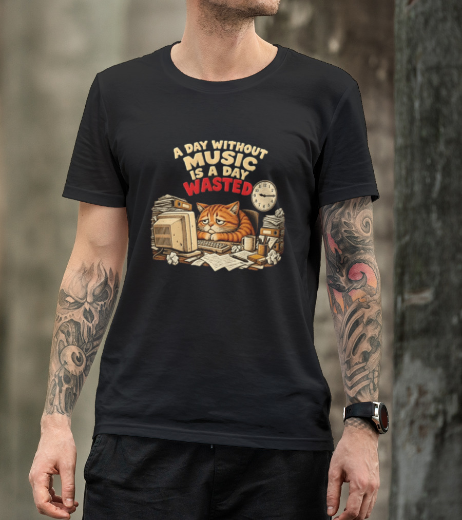 A Day Without Music Is A Day Wasted Sad Orange Cat Office Desk Motivation T-Shirt