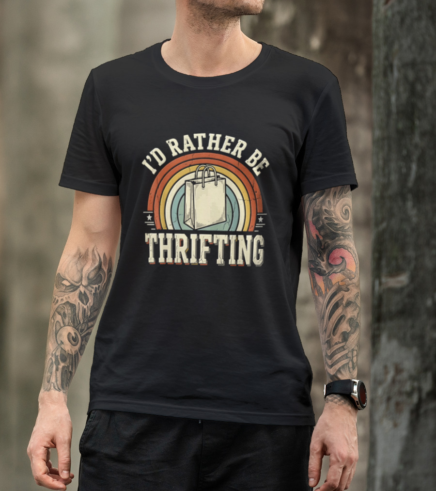 I'd Rather Be Thrifting Shopping Bag Retro Rainbow Stars T-Shirt