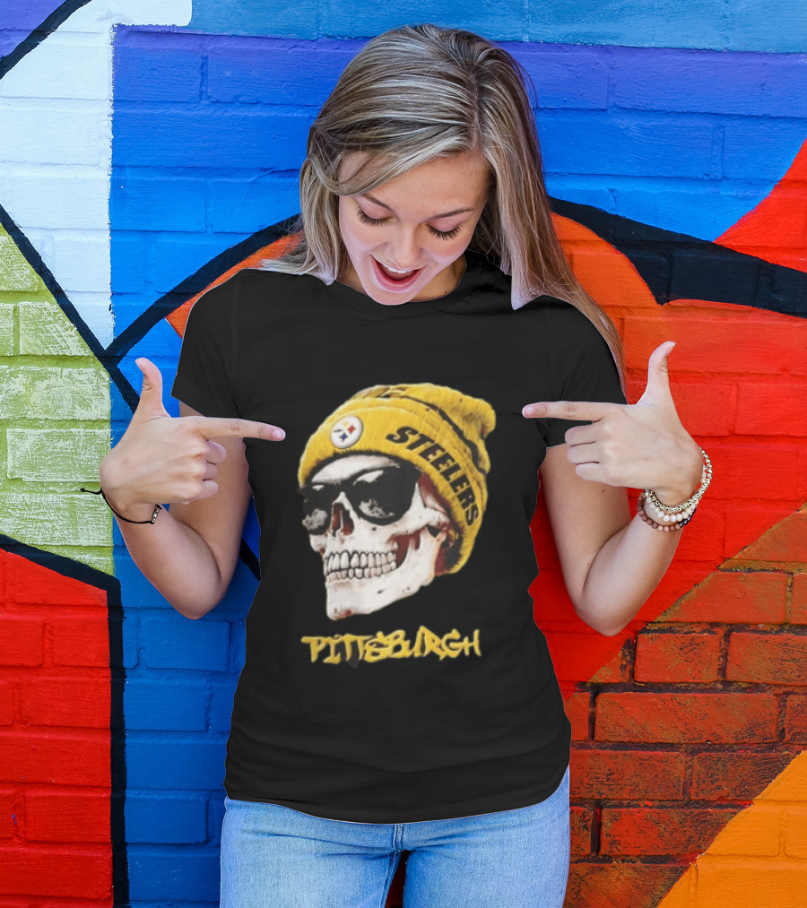 Pittsburgh Steelers Skull Yellow Beanie Sunglasses T-Shirt