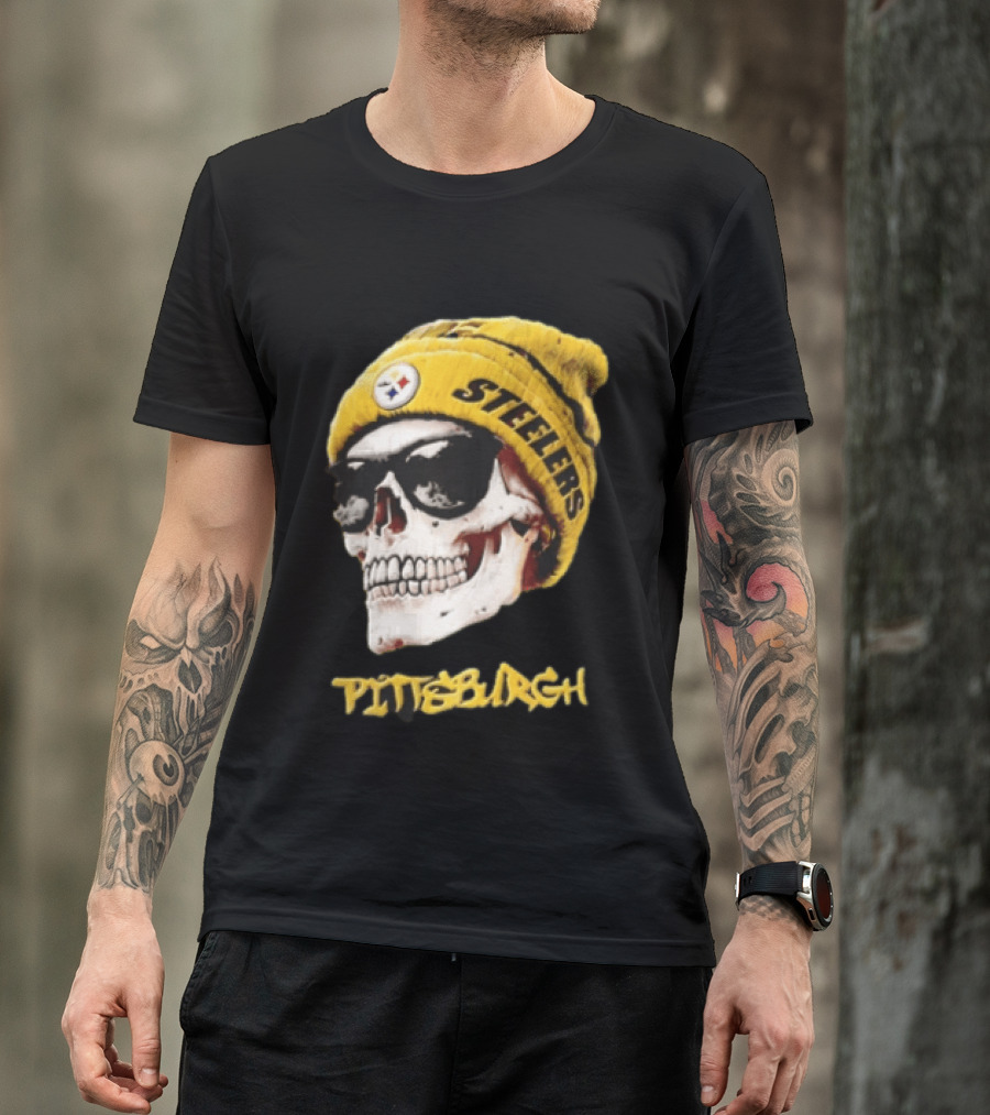 Pittsburgh Steelers Skull Yellow Beanie Sunglasses T-Shirt