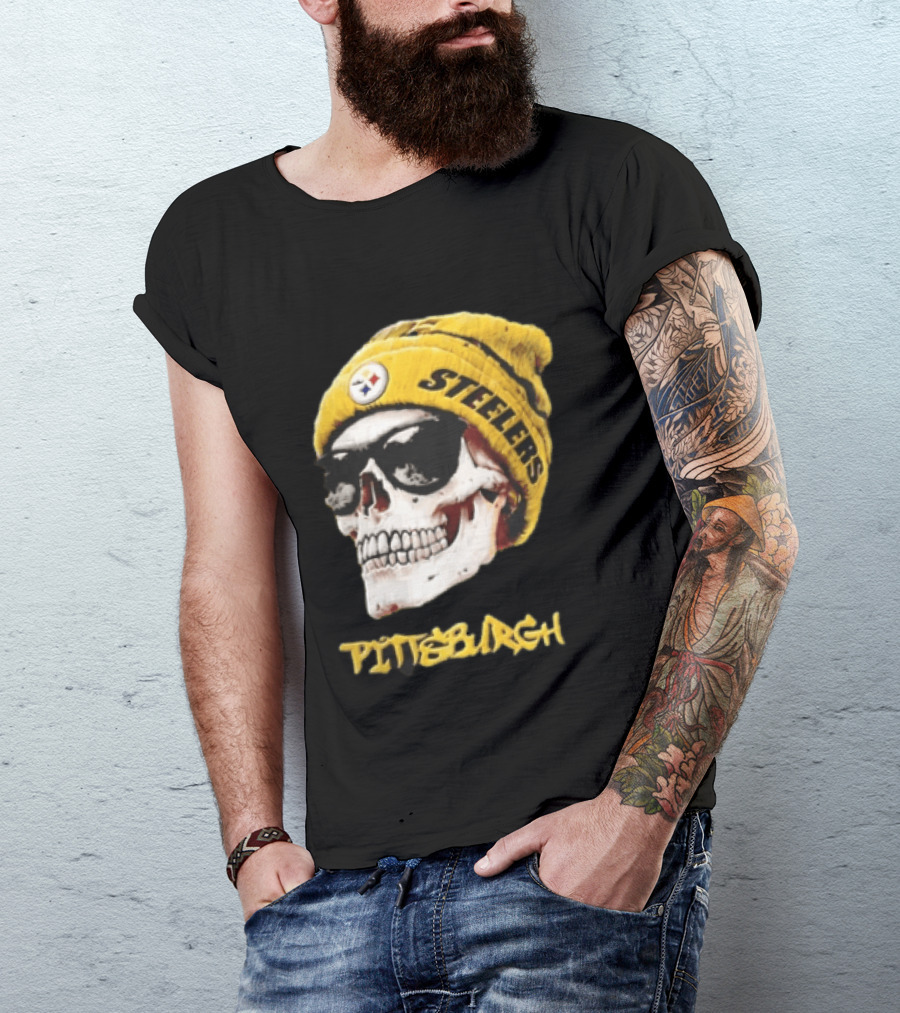 Pittsburgh Steelers Skull Yellow Beanie Sunglasses T-Shirt
