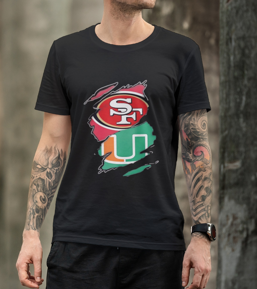San Francisco 49ers SF And Miami Hurricanes U Distressed Logos T-Shirt