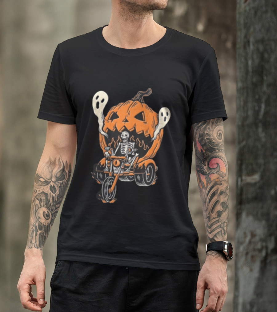 Skeleton Riding Tricycle Inside Giant Pumpkin With Ghosts Halloween T-Shirt