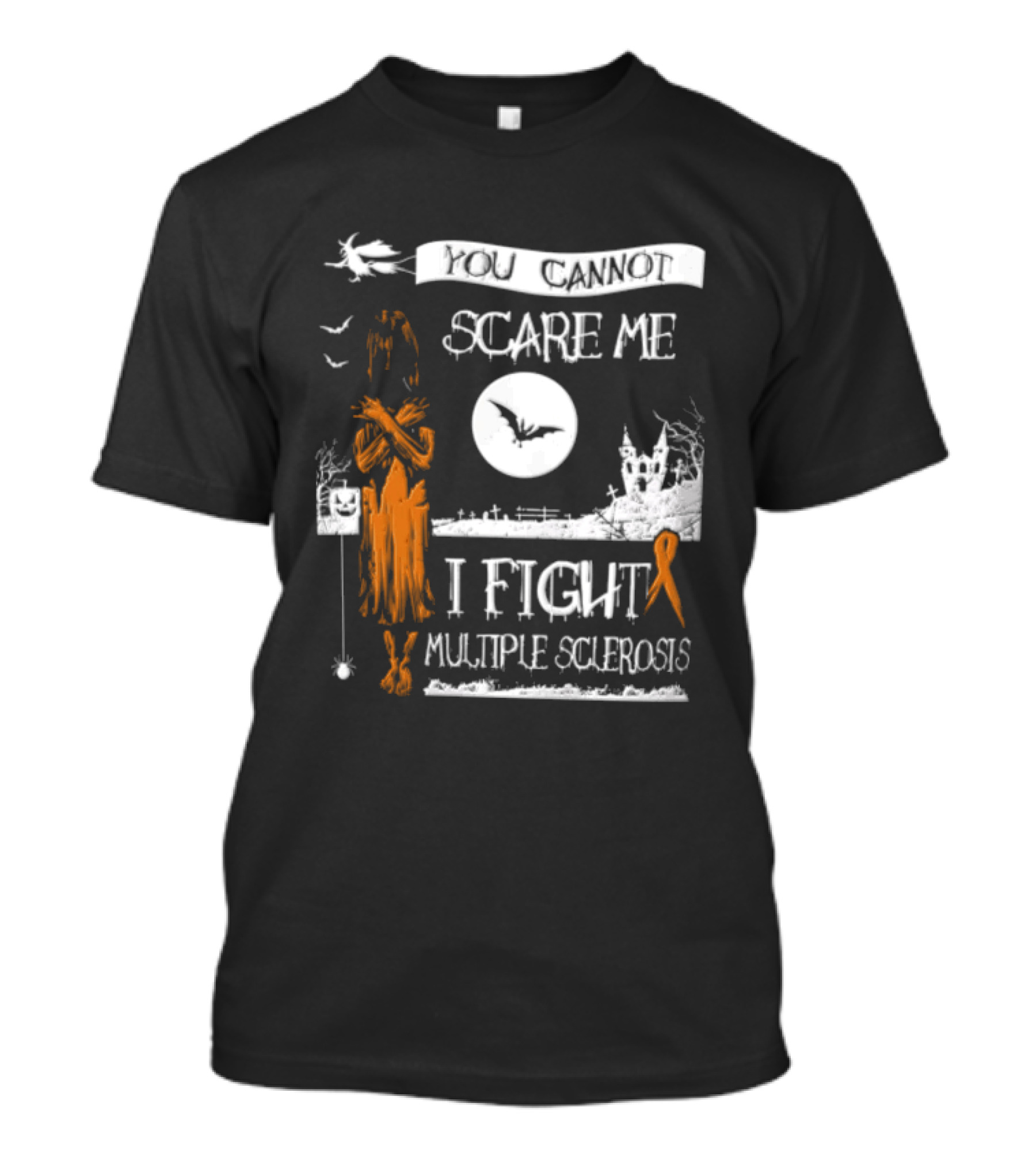 You Cannot Scare Me I Fight Multiple Sclerosis Halloween Witch Bats Moon Cemetery Ribbon T-Shirt