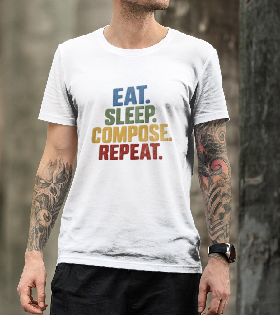 EAT Sleep Compose Repeat Distressed Block Multicolored T-Shirt