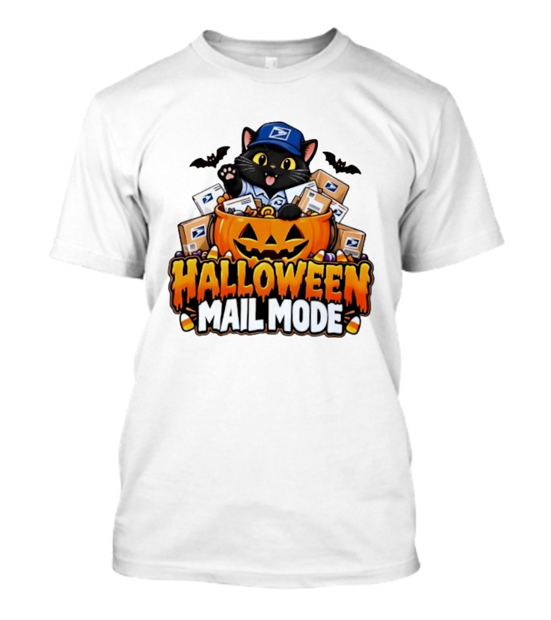 Halloween Mail Mode USPS Black Cat Pumpkin Postal Carrier T-Shirt