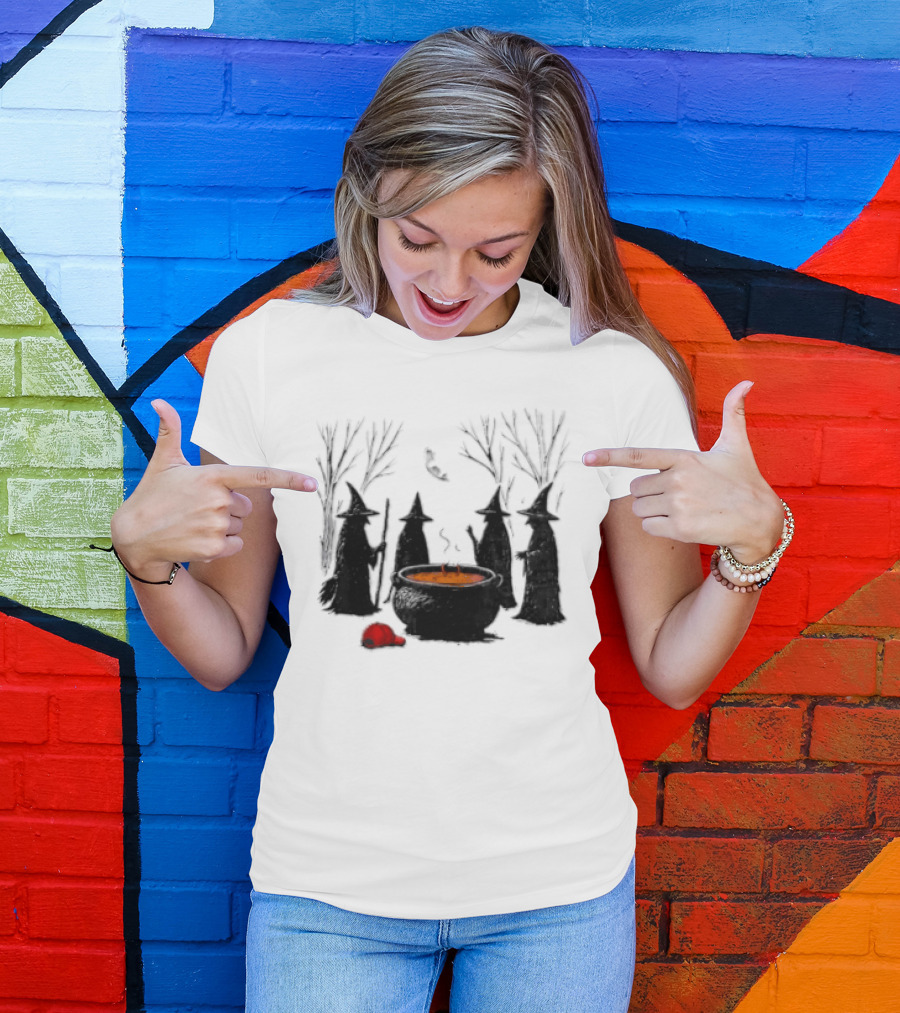 Witches Gathering Around Cauldron And Red Hat Halloween Scene T-Shirt