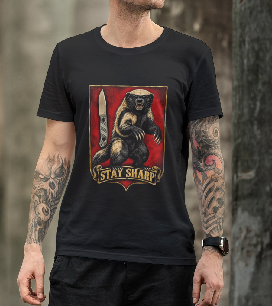 Stay Sharp Wolverine Knife Red Shield T-Shirt