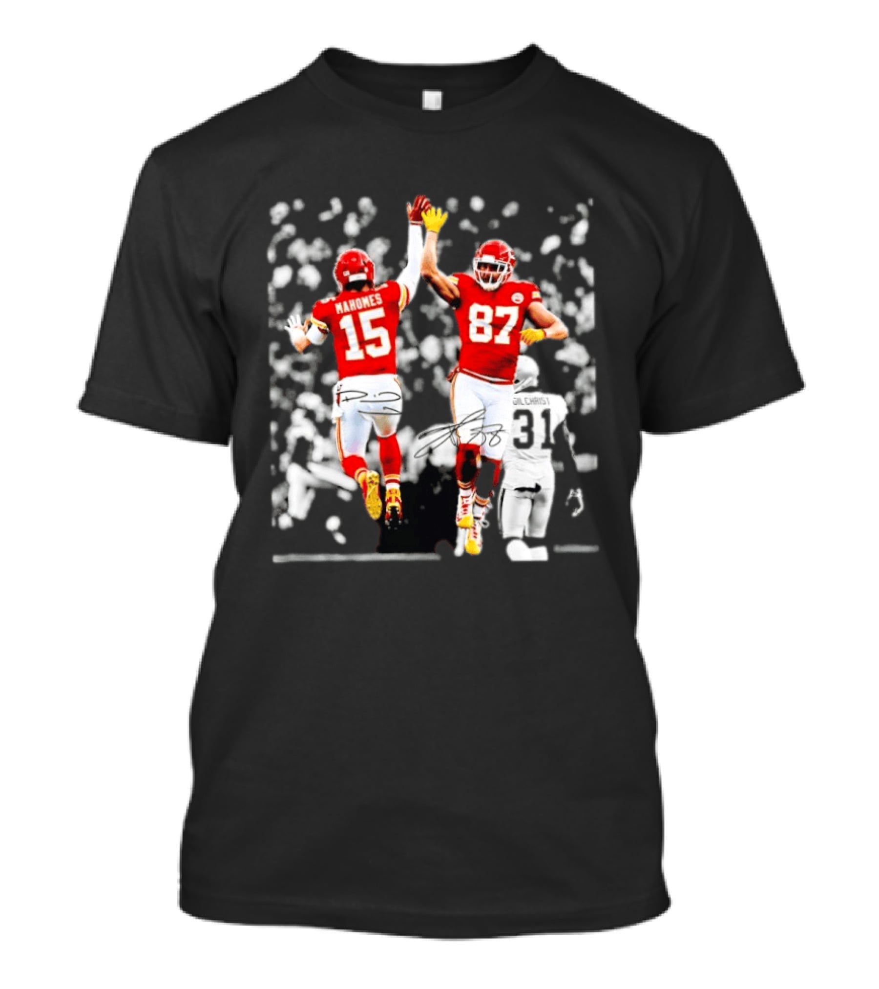 Travis Kelce Patrick Mahomes Kansas City Chiefs Autographed Celebration 15 87 T-Shirt