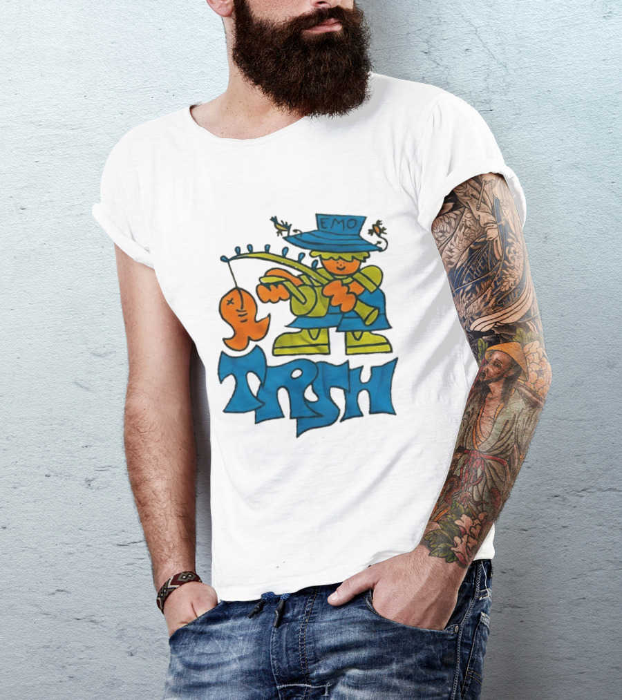 Emo Trsh Cartoon Fisherman Catching Orange Fish Wearing Blue And Green Outfit T-Shirt