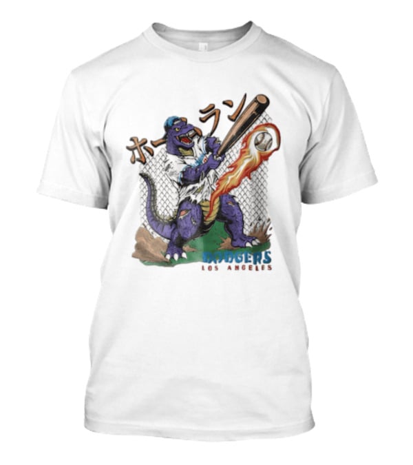 Dodgers Los Angeles Purple Dinosaur Baseball Player Batting With Flaming Ball T-Shirt