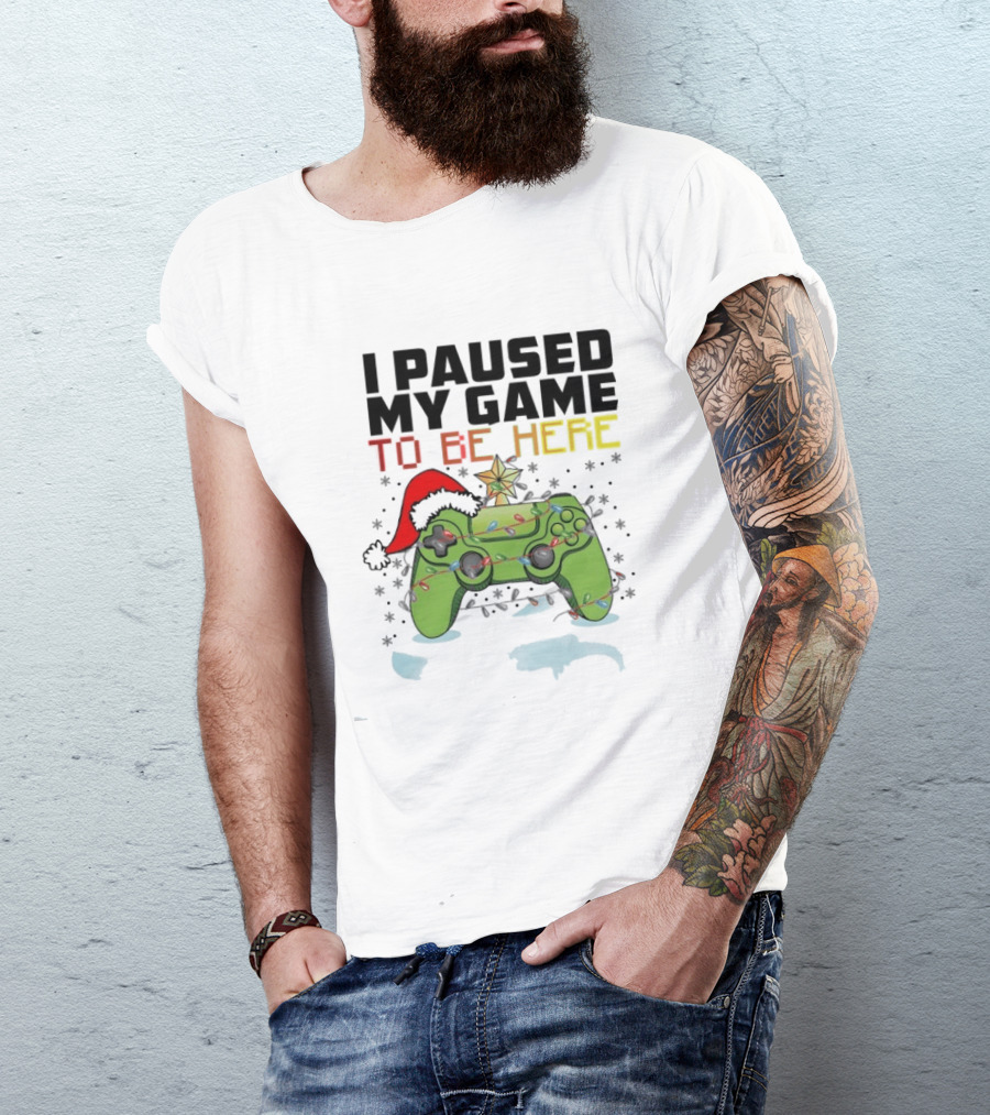 I Paused My Game To Be Here Christmas Gamer Controller Holiday Lights Santa Hat T-Shirt
