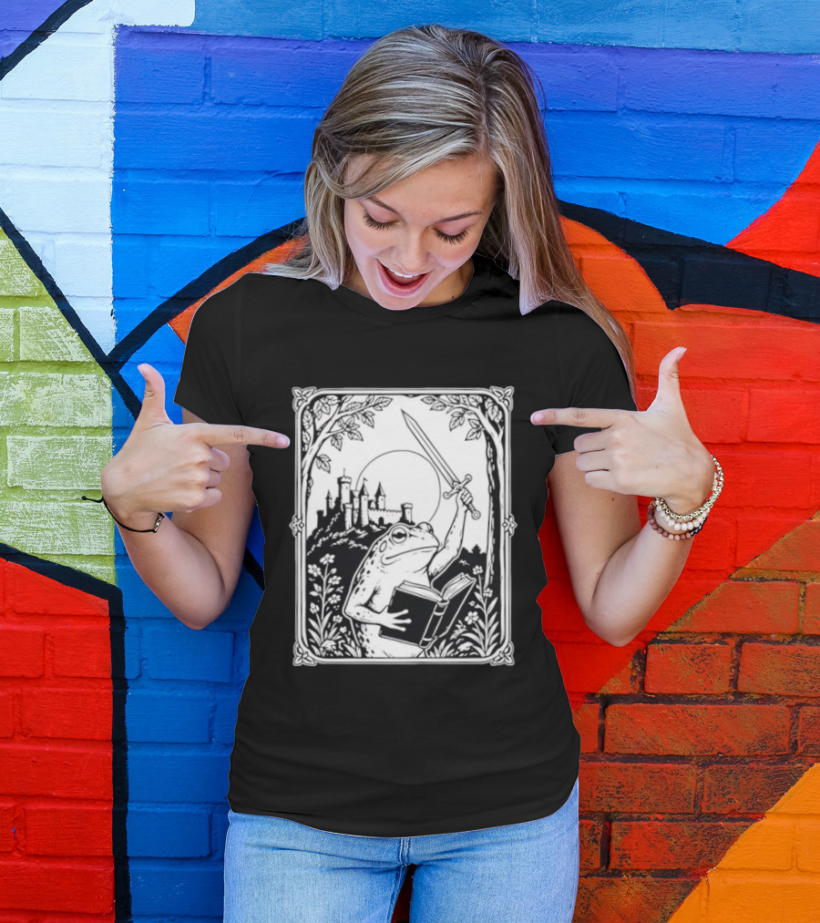 Warrior Frog Reading Book With Sword And Castle In Black And White Scene T-Shirt
