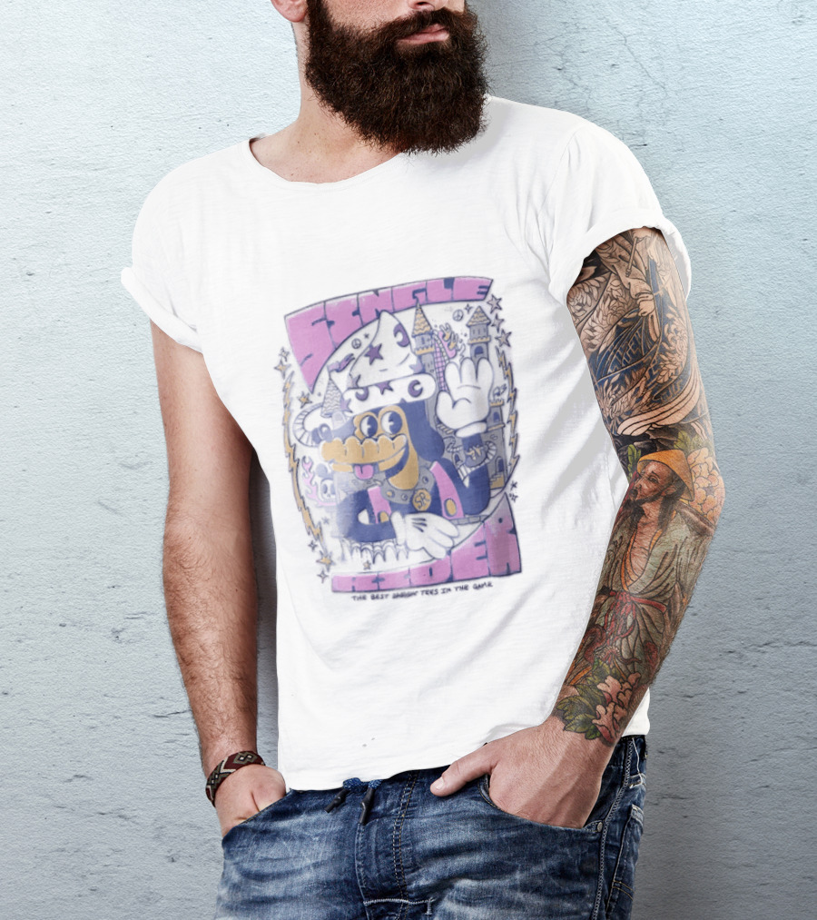 Single Rider Cartoon Dog Wizard With Hat And Spiked Collar Retro Fantasy Scene T-Shirt