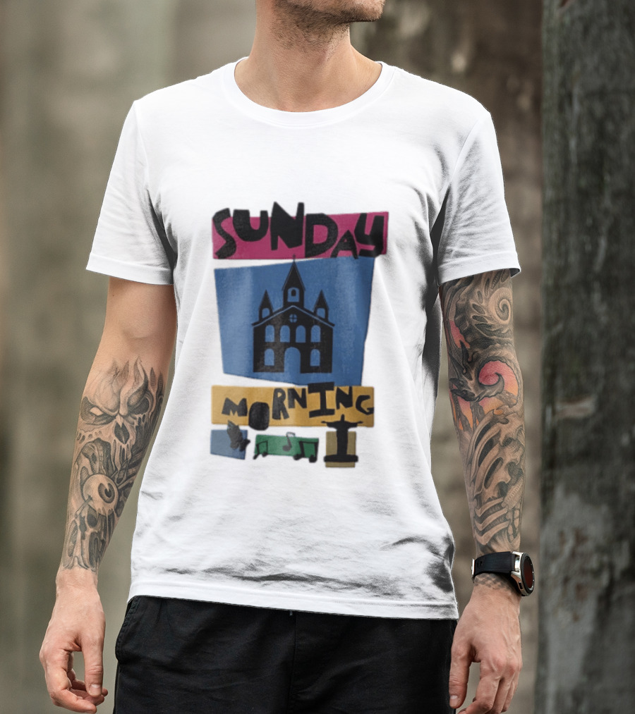 Sunday Morning Church Building Praying Hands Musical Notes Christ The Redeemer T-Shirt