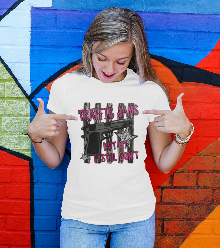 Traffic Jams But My Pistol Don't Handgun Over Stripes Leopard T-Shirt