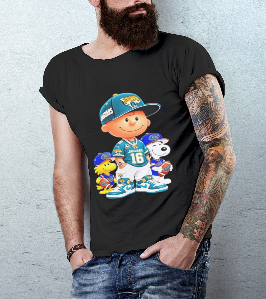 Charlie Brown With Snoopy And Woodstock Jacksonville Jaguars 16 Jersey Peanuts Football Fan Gear T-Shirt