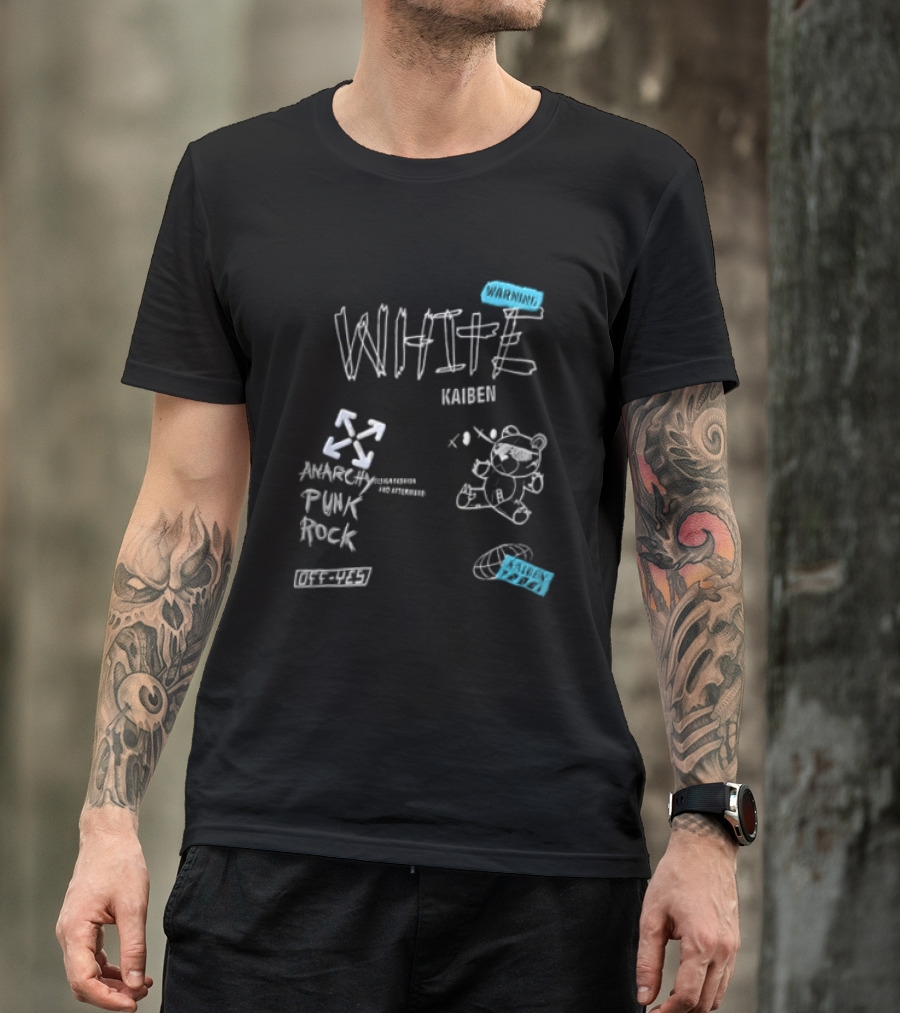 Kaiben White Cartoon Bear With Arrow Symbols And Blue Tape T-Shirt
