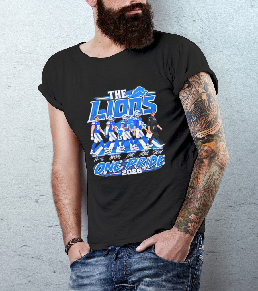 Detroit Lions The Lions One Pride Abbey Road 2026 Aidan Hutchinson Jahmyr Gibbs Jared Goff Dan Campbell T-Shirt