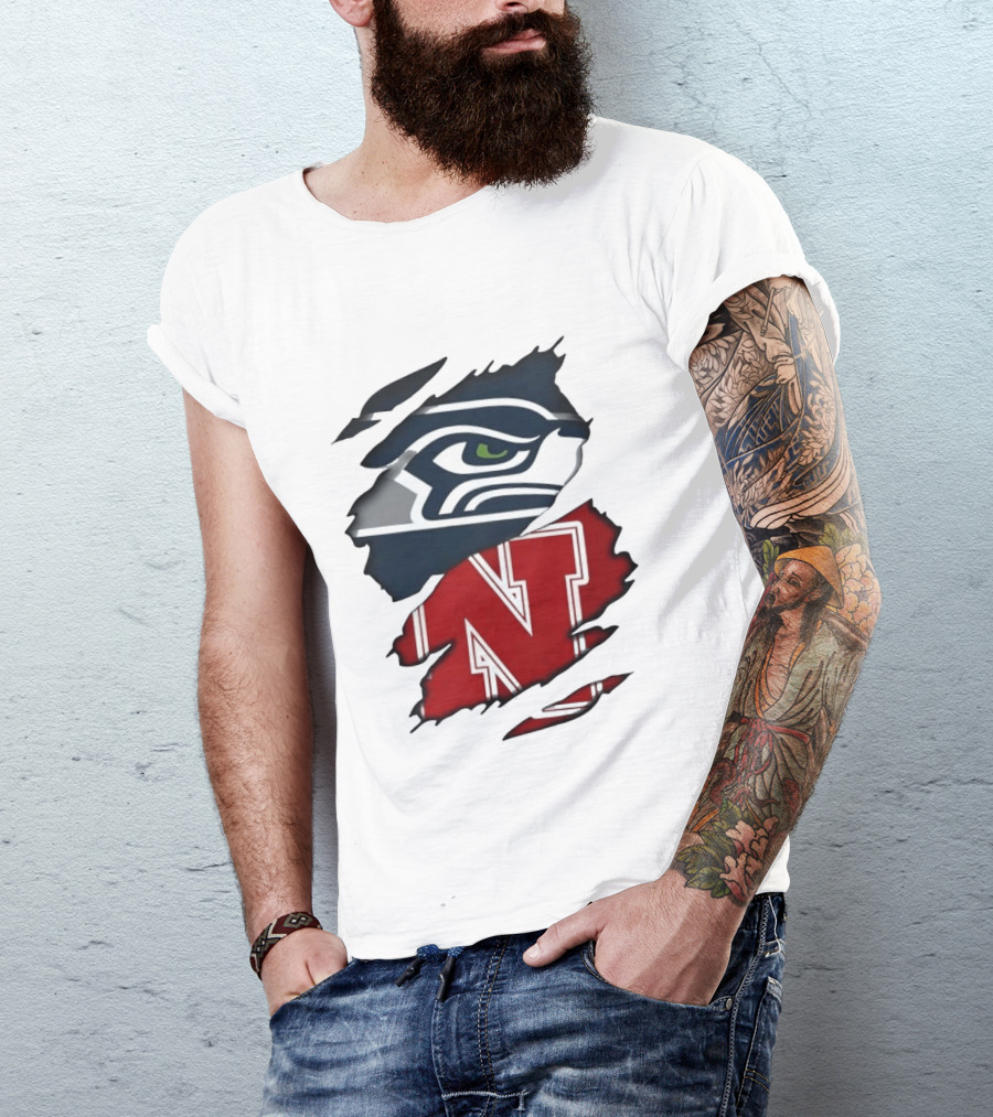 Seattle Seahawks And Nebraska Cornhuskers Split Torn Fabric Blend T-Shirt