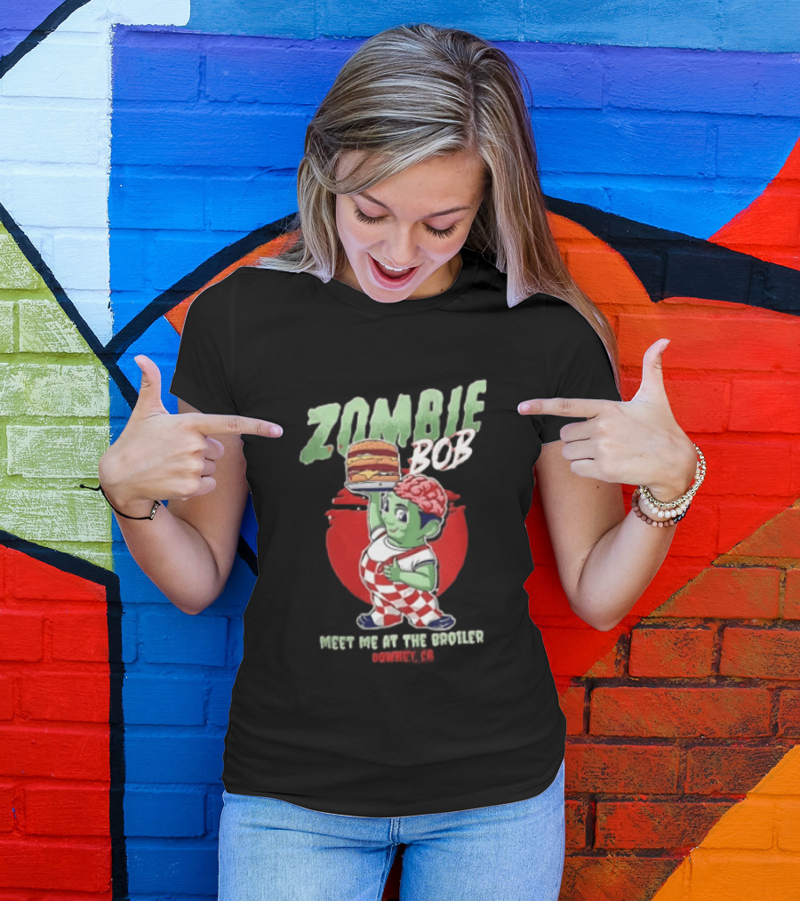 Zombie Bob Meet Me At The Broiler Downey CA Green With Exposed Brain T-Shirt