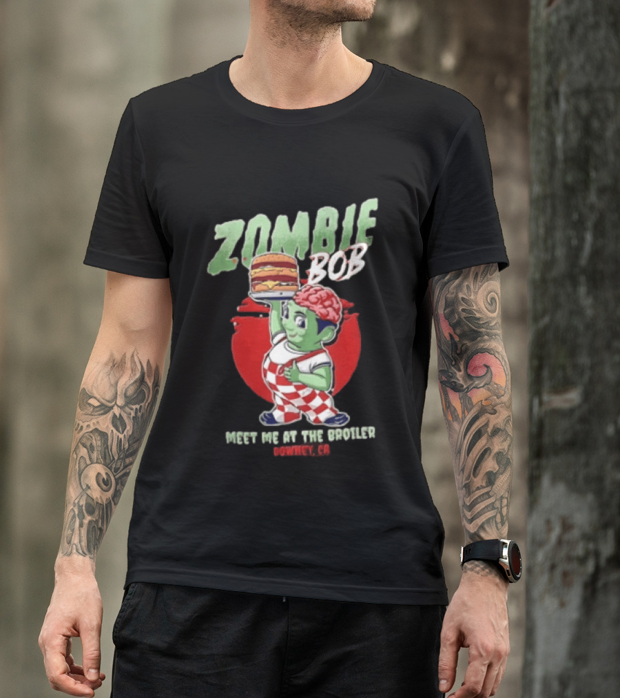 Zombie Bob Meet Me At The Broiler Downey CA Green With Exposed Brain T-Shirt