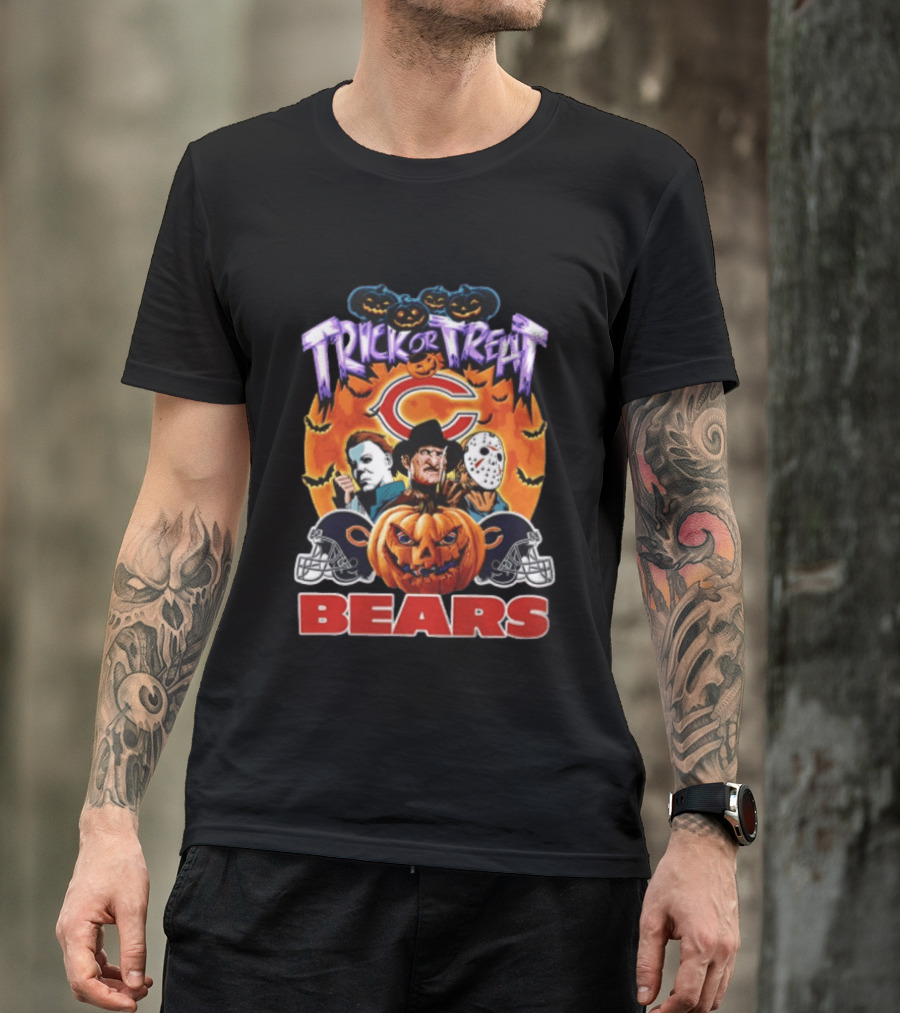 Chicago Bears Trick Or Treat Halloween Horror Icons Pumpkin T-Shirt