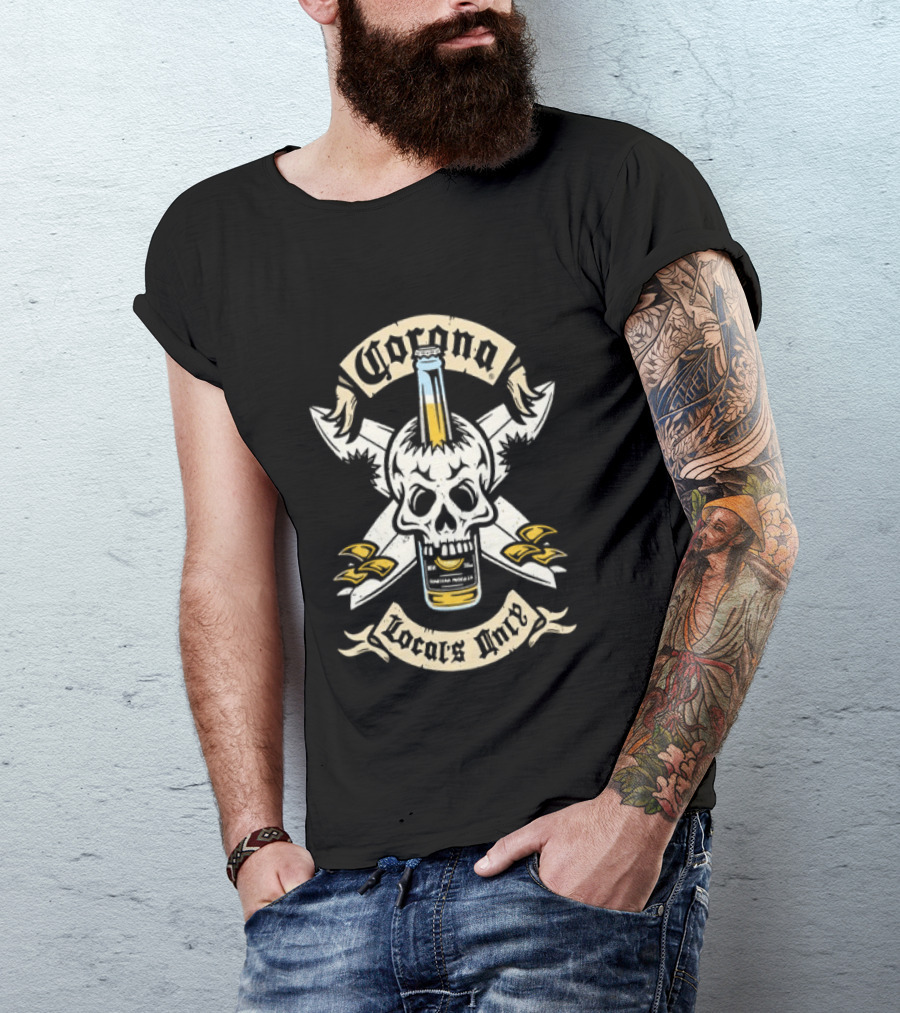 Corona Locals Only Skull And Beer Bottle Icon With Nautical Anchors T-Shirt