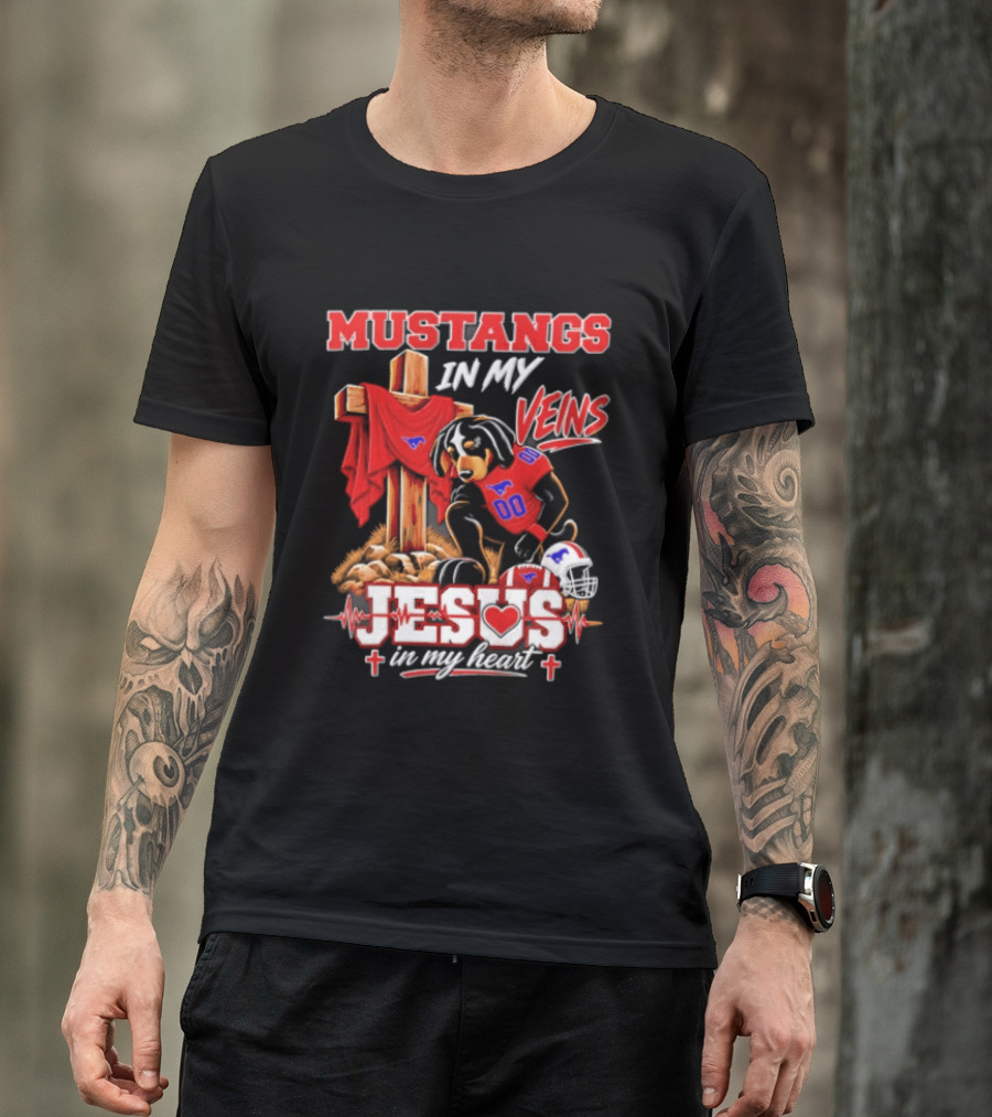 Mustangs In My Veins Football Faith Jesus In My Heart T-Shirt