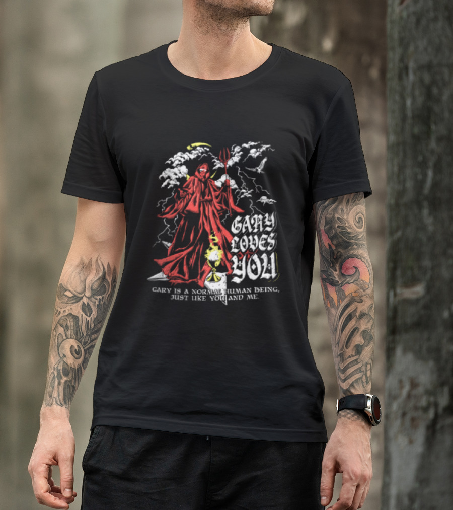 Gary Loves You Gary Is A Normal Human Being Just Like You And Me Red Cloaked Figure With Lightning And Clouds T-Shirt