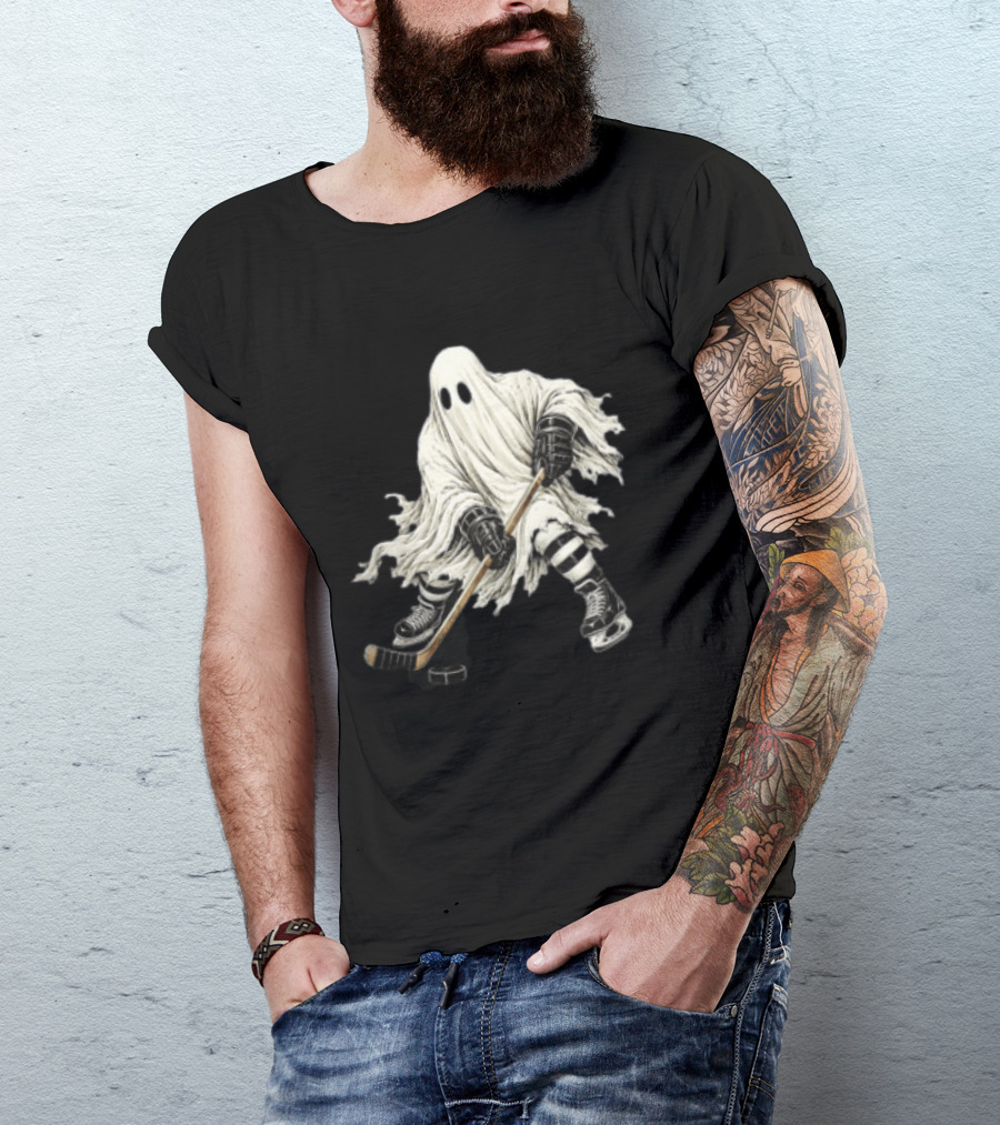 Halloween Ghost Playing Ice Hockey Costume Fun T-Shirt