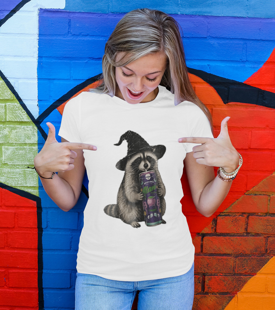 Alani Witches Brew Raccoon Witch Hat Can Holding T-Shirt