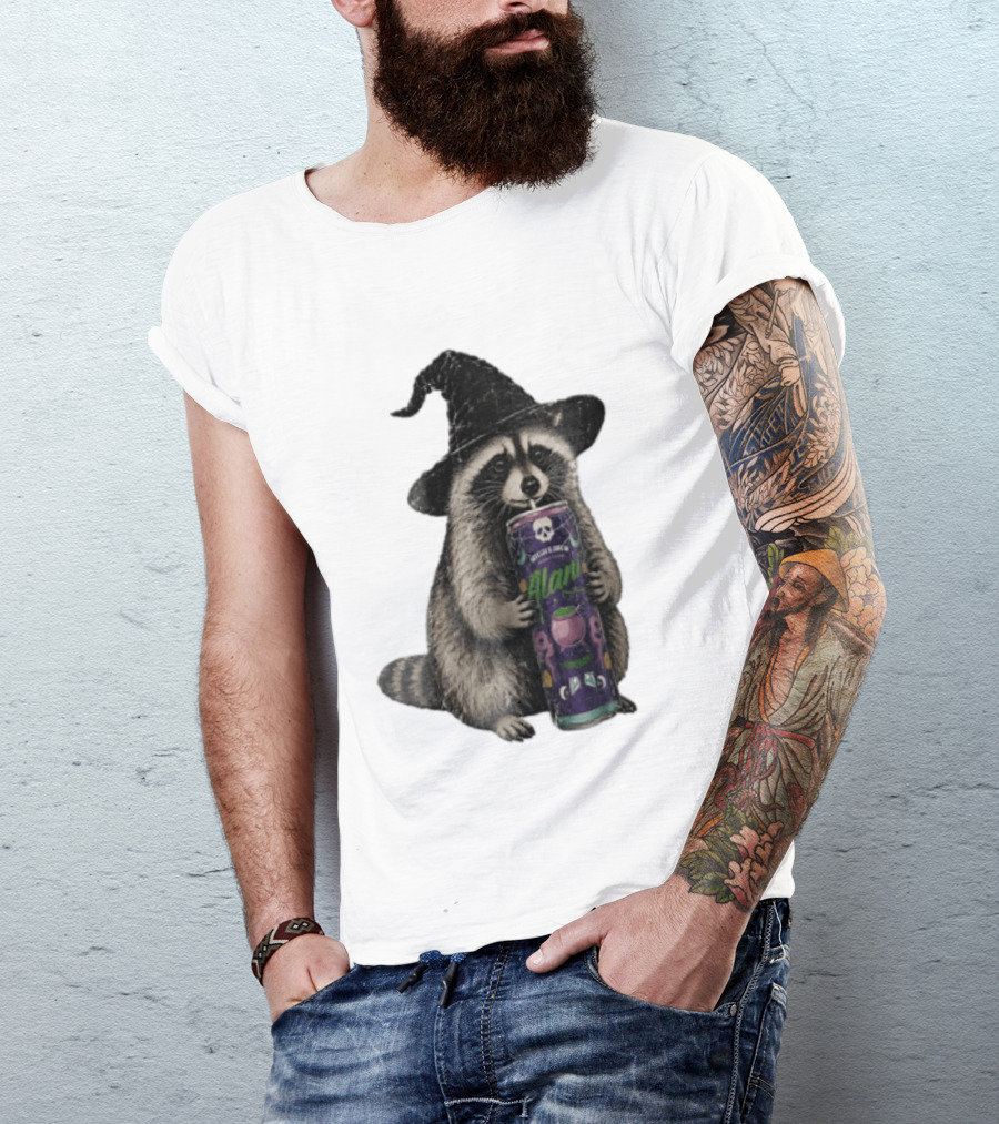 Alani Witches Brew Raccoon Witch Hat Can Holding T-Shirt