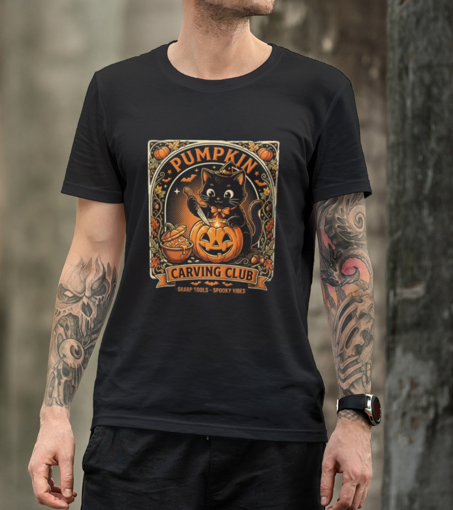 Pumpkin Carving Club Black Cat Sharp Tools Spooky Vibes T-Shirt