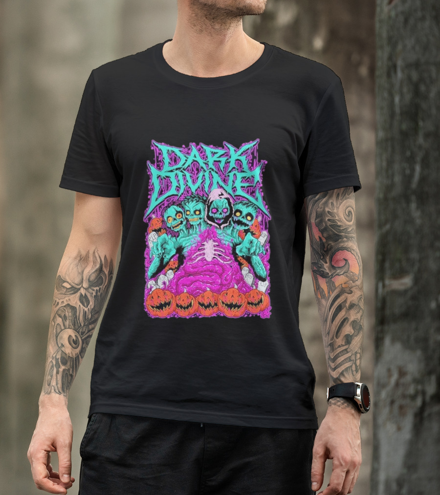 Dark Divine Skeletons With RIP Pumpkins T-Shirt
