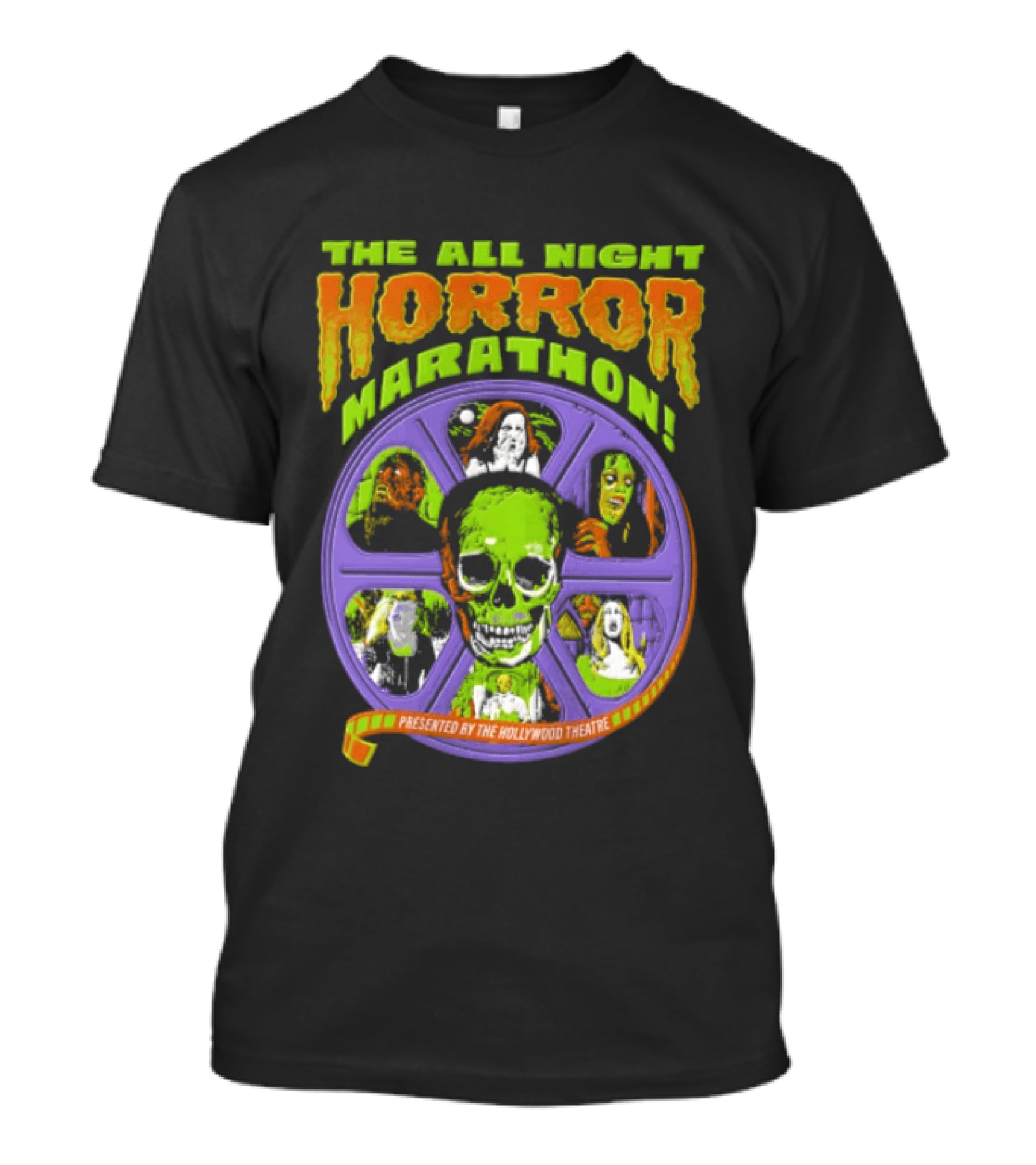 The All Night Horror Marathon Presented By The Hollywood Theatre Skulls And Monster Faces 2026 T-Shirt