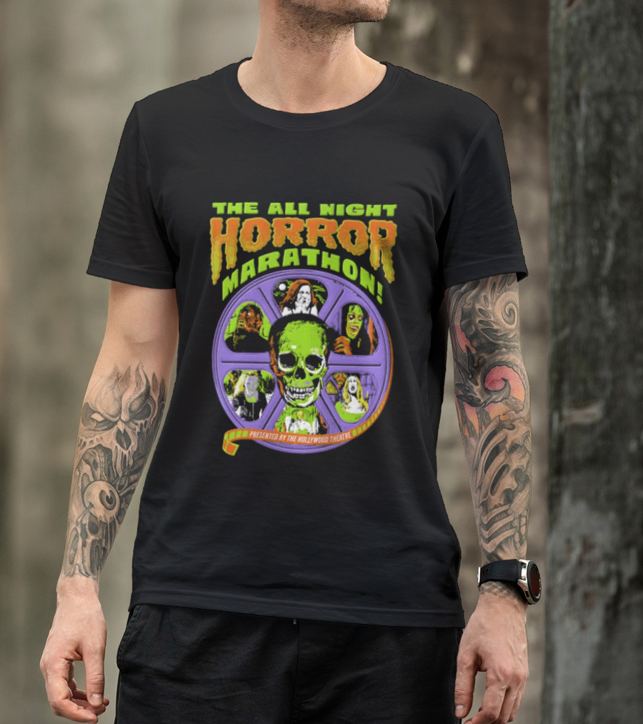 The All Night Horror Marathon Presented By The Hollywood Theatre Skulls And Monster Faces 2026 T-Shirt