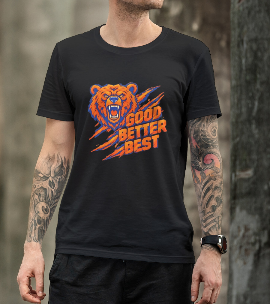 Good Better Best Grizzly Bear Claw Scratch Roaring Face Orange Blue T-Shirt