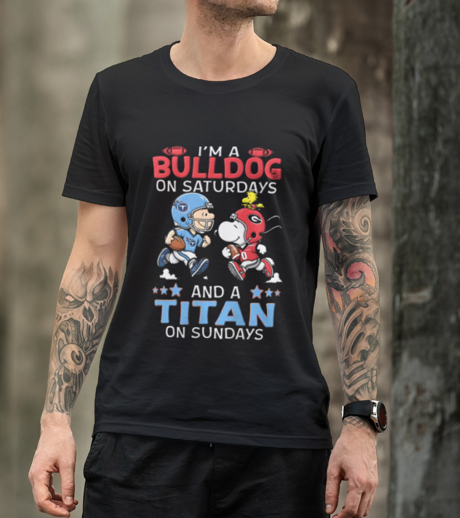 I'm A Bulldog On Saturdays And A Titan On Sundays Charlie Brown Snoopy Woodstock T-Shirt
