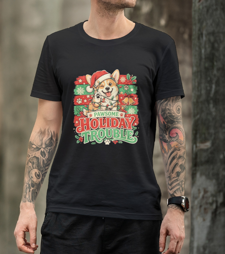 Pawsome Corgi Santa Hat Holiday Trouble Christmas Lights T-Shirt