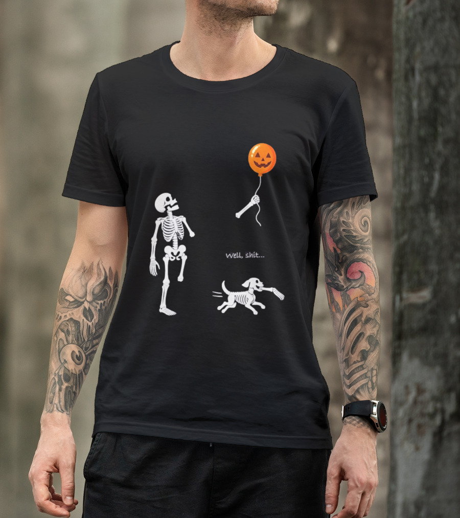 Skeleton Losing Halloween Pumpkin Balloon To Dog Well Shit T-Shirt