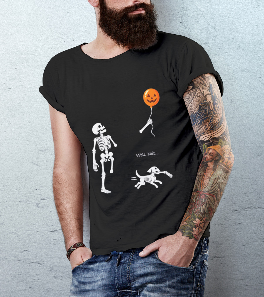 Skeleton Losing Halloween Pumpkin Balloon To Dog Well Shit T-Shirt