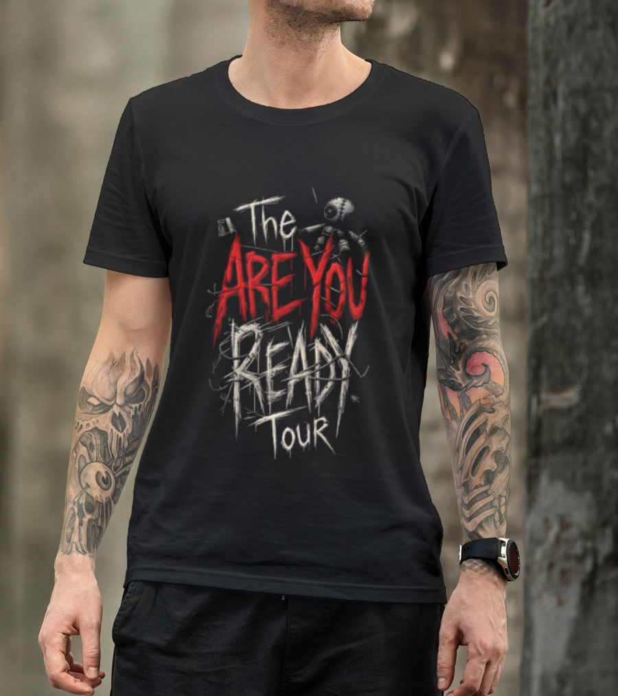 The Are You Ready Tour Red And White Bold Distressed Text With Stick Figure And Scribbles T-Shirt