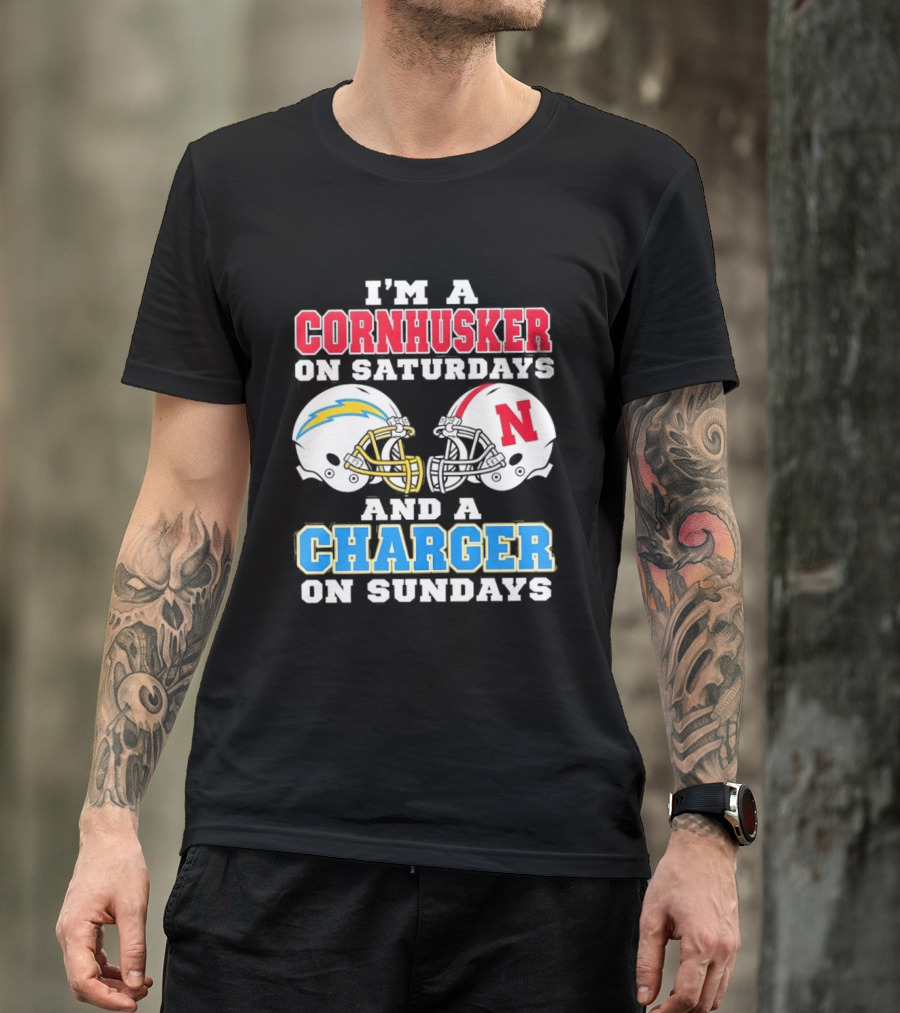 I'm A Cornhusker On Saturdays And A Charger On Sundays Football Fan Football Team Helmets T-Shirt